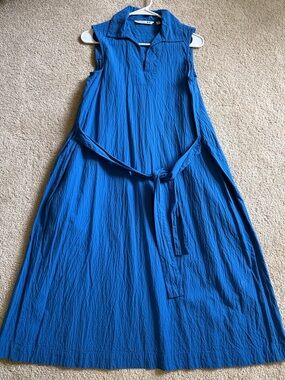Uniqlo JW Anderson/Blue Sleeveless Collared Midi Dress with Tie and pocket